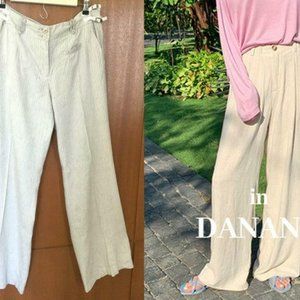 NWT $238 DA-NANG STONE BEIGE PINSTRIPED FLOWY LINEN/SILK TROUSERS PANTS - M- L